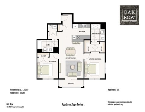 Floor plan for 2 beds, 2 baths, 1091 sqft